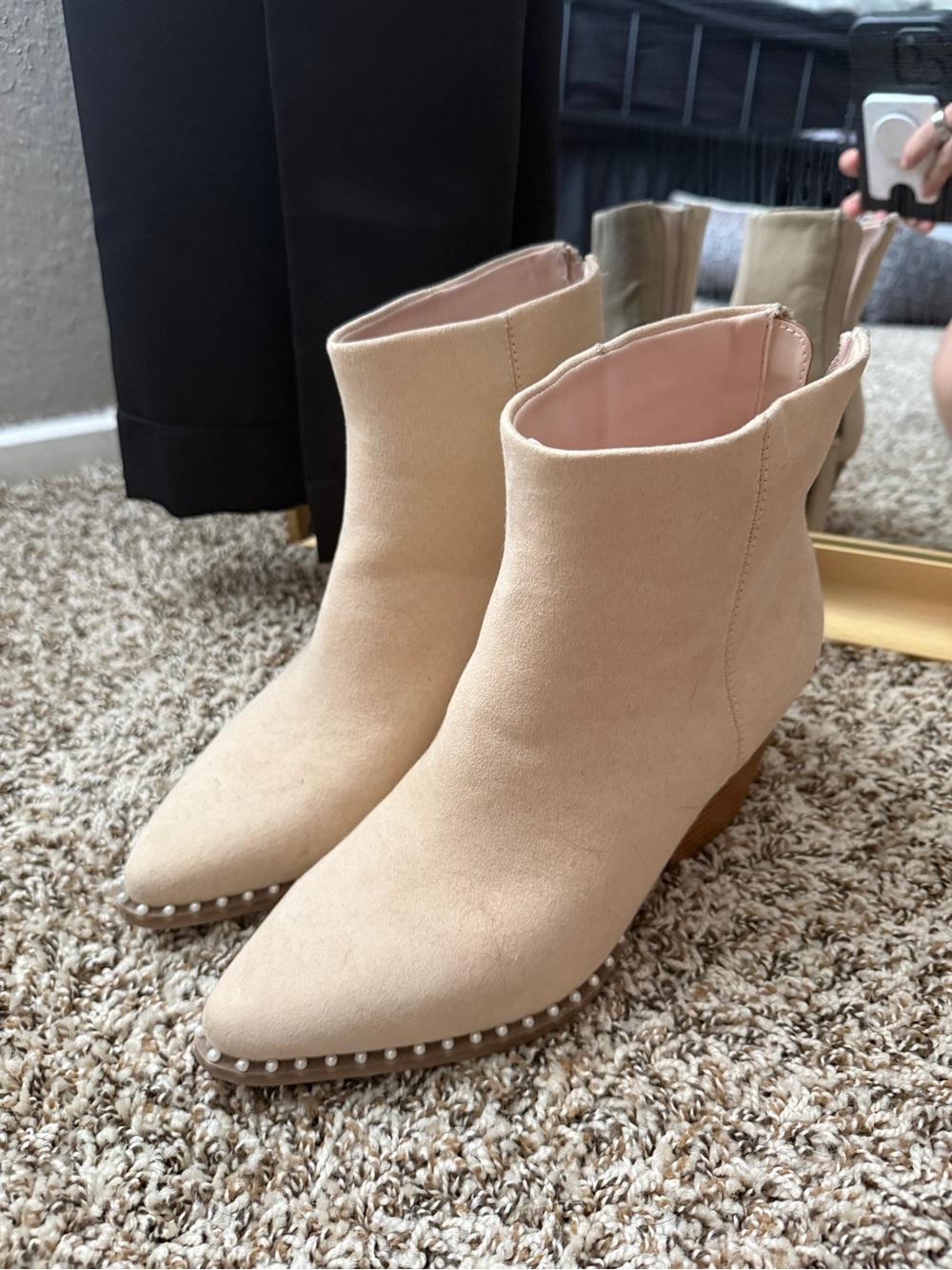 ARULA Beige Suede Ankle Boots with Studded Trim